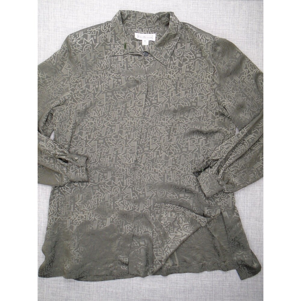 Lili Butler Silk Button Blouse Size Women's Medium Abstract Pattern Shoulder Pad